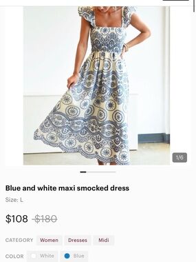 Blue and White Smocked Maxi Dress